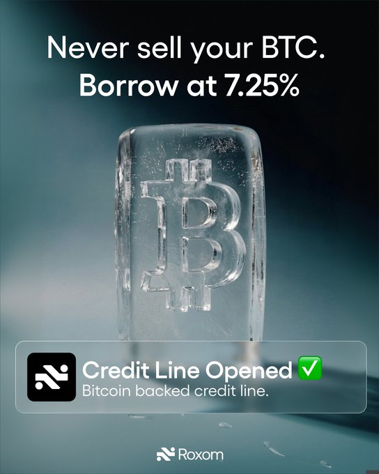 Advertisement for Roxom reading 'Never sell your BTC. Borrow at 7.25%' featuring a Bitcoin symbol encased in ice and a 'Credit Line Opened' notification.
