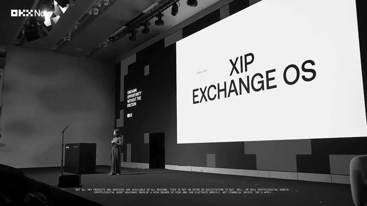 A presenter stands on stage at an OKX Next event unveiling "XIP EXCHANGE OS" (OpenX, October 2025), with the slide emphasizing "ONCHAIN OPPORTUNITY IMPROVE THE FRICTION" — visually supporting the announcement of OKX's modular exchange infrastructure that enables developers to build custom Spot, Perps, and Outcomes markets on X Layer's shared liquidity.