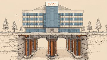 An illustration shows a modern glass office building labeled "DAC" perched atop ancient stone foundations supported by classical columns, symbolizing how the company builds its contemporary infrastructure on traditional cryptographic foundations.

The image visually reinforces the caption's message: the sleek, modern "DAC" headquarters is literally elevated by—and dependent upon—old stone pillars beneath, mirroring how new crypto platforms and custodial services appear innovative on the surface but remain structurally reliant on the same legacy cryptographic assumptions.