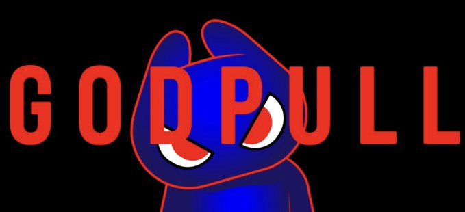 A stylized blue cartoon character with large red eyes appears behind the bold red text 'GODPULL' on a black background.