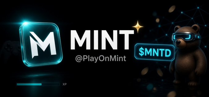 A promotional banner for 'MINT' (@PlayOnMint) featuring a glowing cyan M logo on the left and a cartoon bear character wearing virtual reality goggles on the right, with the ticker '$MNTD' displayed.