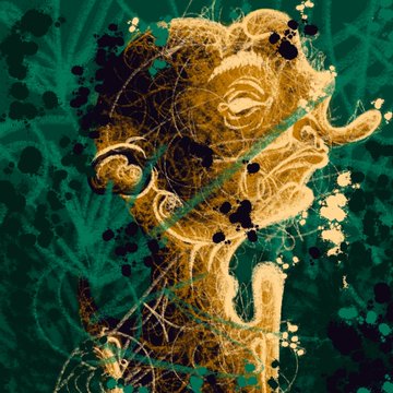 A digital artwork featuring a golden, intricately detailed bust of a face against a vibrant teal and green splattered background, likely representing one of the NFT pieces collected on OBJKT. The ornate portrait appears as part of an artist's appreciation post thanking a collector for supporting their project.