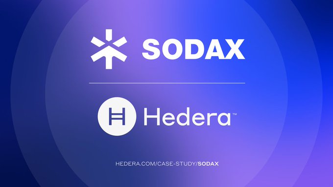 The image features the SODAX and Hedera logos with the URL "HEDERA.COM/CASE-STUDY/SODAX" against a purple gradient background, serving as a case study header that highlights how SODAX leverages Hedera's infrastructure to enable cross-network DeFi services across 21+ networks through a unified SDK or API.