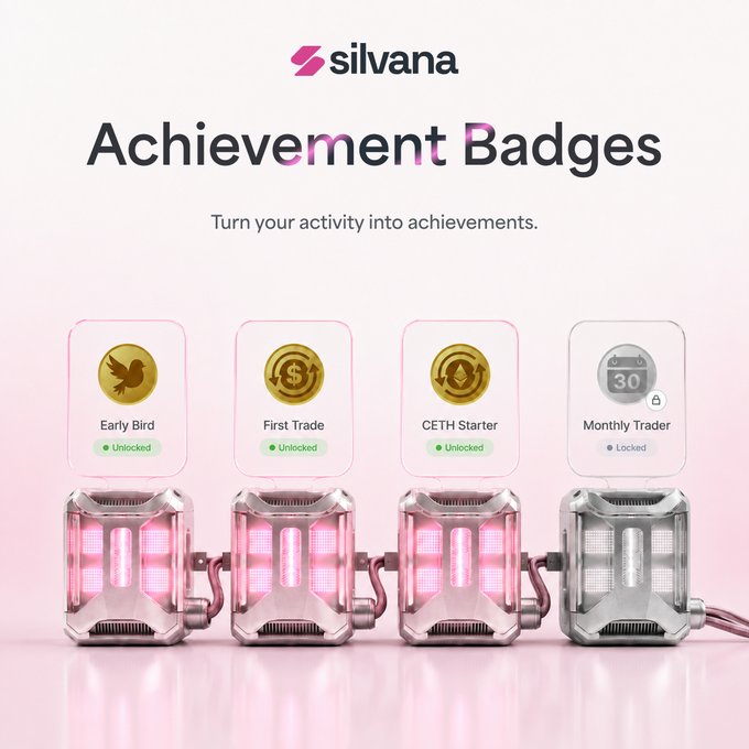 A promotional graphic for Silvana displaying four "Achievement Badges"—Early Bird, First Trade, CETH Starter (Unlocked), and Monthly Trader (Locked)—illustrated as glowing futuristic devices that turn user activity into collectible milestones.