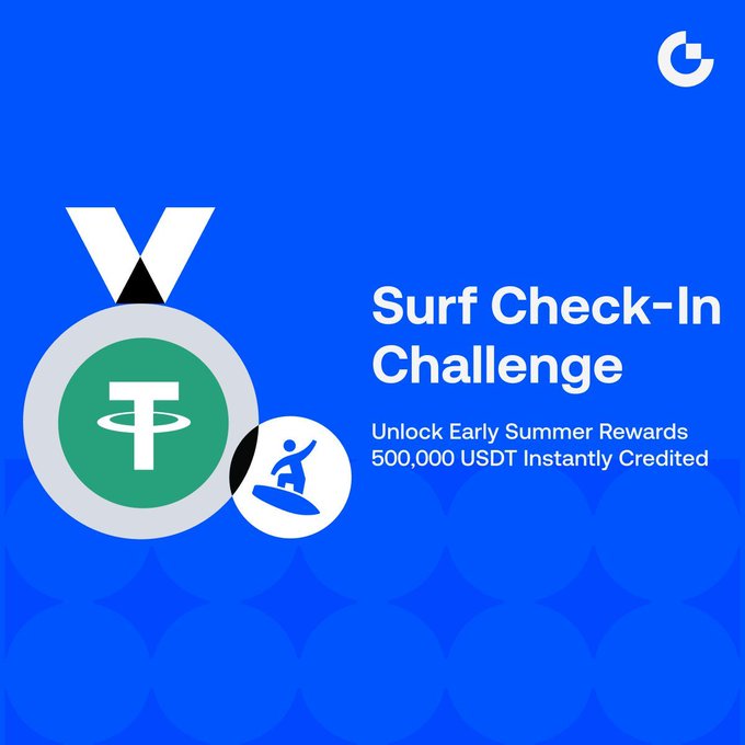 The image features a blue background with white text that reads "Surf Check-In Challenge" followed by an advertisement for a surfing competition. The text encourages surfers to participate, offering a cash prize of 500,000 USDT if they can successfully check in within the given time frame. The post also mentions a new Surfer Training Camp and emphasizes the importance of checking in on time to claim their reward.