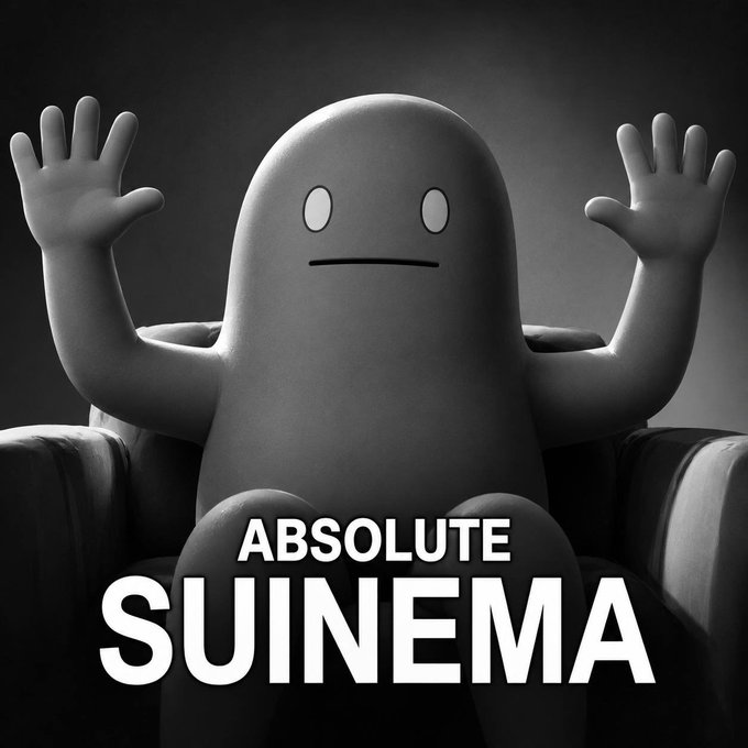 A black and white image shows a stylized blob-like figure with raised hands sitting in a chair, with the text "ABSOLUTE SUINEMA" overlaid.