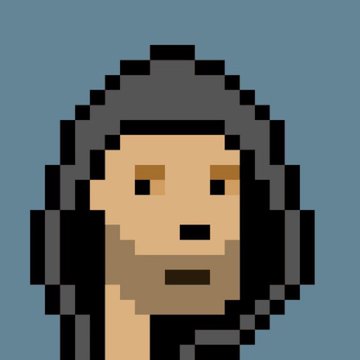 A pixel art portrait of a person wearing a dark gray hood against a blue background.