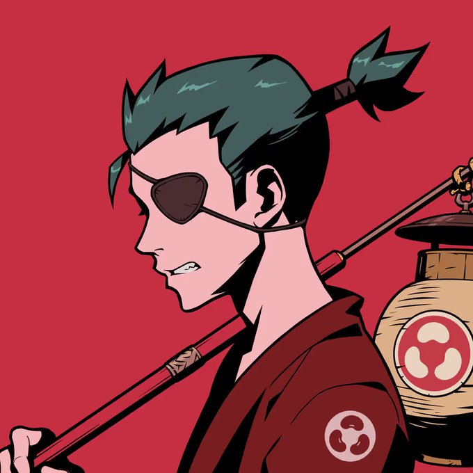 A stylized 2D animated character with teal hair, an eyepatch, and a red kimono is shown in profile against a red background, carrying a paper lantern bearing a tomoe symbol.