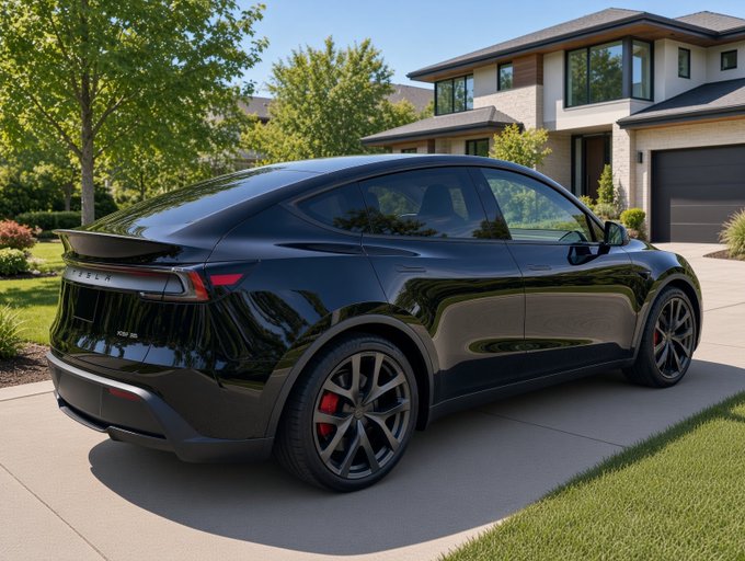 A black Tesla Model Y parked on a driveway in front of a large modern suburban home with a well-manicured lawn.