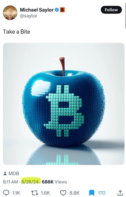 A screenshot of Michael Saylor's (@saylor) June 26, 2024 tweet featuring a blue disco-ball style apple with the text "Take a Bite" and a pixelated teal "₿" (Bitcoin symbol) on its side. The post gained significant traction with 686K views, 8.8K likes, and 1.6K reposts.