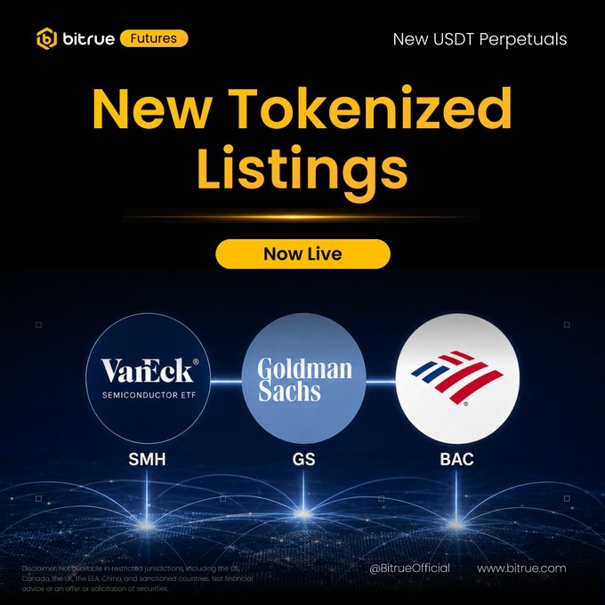 The image is a Bitrue Futures promotional graphic announcing "New Tokenized Listings" that are "Now Live," featuring three newly available USDT perpetuals with logos for VanEck Semiconductor ETF (SMH), Goldman Sachs (GS), and Bank of America (BAC). The design uses a dark blue background with glowing connection lines, directly corresponding to the announcement that $SMHUSDT, $GSUSDT, and $BACUSDT perpetual contracts are now tradable on Bitrue Futures.