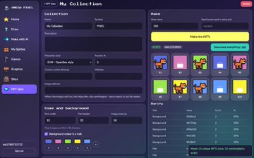 Screenshot of an NFT collection management dashboard showing collection details, minting settings, and rarity distribution for a collection named 'PAW' with pixel art animal NFTs.
