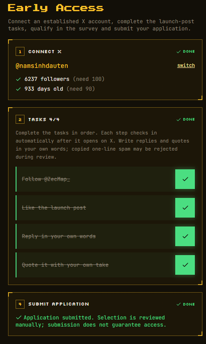 An 'Early Access' application screen shows all tasks completed—connecting X account @namsinhdauten, following @ZecHub_, liking, replying, and quoting—with the application successfully submitted.