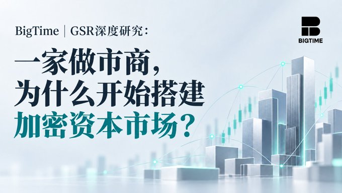 A promotional graphic for BigTime featuring the Chinese text "BigTime | GSR深度研究：一家做市商，为什么开始搭建加密资本市场？" alongside a stylized cityscape with stock chart graphics.