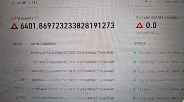 A screenshot of a wallet dashboard shows an esXAI balance of 6401.869723233828191273, with a list of multiple owner addresses (Key IDs 21777, 21771, 21772, 21790, 21791, 21792) all marked as "Claiming rewards when available," illustrating the multiple accounts the user grinds to earn airdrop rewards.