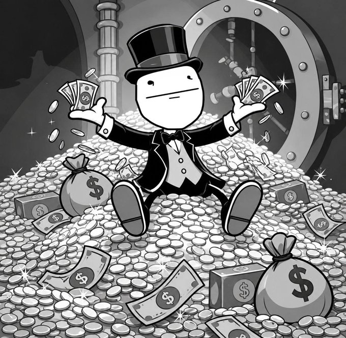 A black-and-white cartoon illustration of a character in a top hat and tuxedo sitting on a huge pile of coins and cash, holding wads of bills with money bags around them, set against a vault door backdrop.