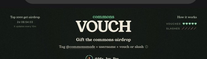 The image displays a dark-themed webpage for the "commons VOUCH" airdrop, featuring a countdown timer showing "2d 08:54:03" until the event ends, with instructions to tag "@commonsmade + username + vouch or slash." It also includes a "How it works" section indicating 5 available vouchers (shown as green hearts) and slashed entries (shown as red slashes), reinforcing the post's message about the limited, competitive nature of the airdrop where only the top 1,000 participants will receive rewards.