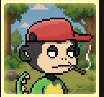 A pixel art character of a person wearing a red baseball cap and green shirt, smoking a cigarette, is depicted in a forest setting with trees and clouds in the background.