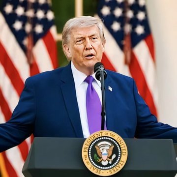 A man with blonde hair wearing a dark suit and purple tie speaks at a podium bearing the Seal of the President of the United States, backed by American flags. The image relates to the post about Donald Trump's investment portfolio, as it depicts the very person whose disclosed trades included buying additional Strategy (MSTR) shares over the summer before the stock's 83% surge.