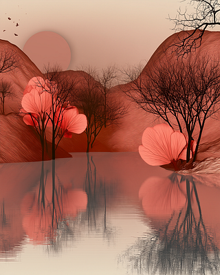 A stylized digital artwork depicting a serene landscape with pinkish-red trees reflected in calm water, set against rolling hills under a pale sunset sky.