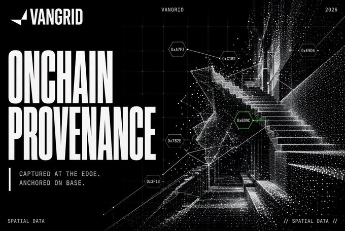 A Vangrid promotional graphic for 'ONCHAIN PROVENANCE' with the tagline 'Captured at the edge. Anchored on Base,' featuring a dark, stylized digital visualization of spatial data with hex tags like 0xA7F3 and 0x609C, dated 2026.