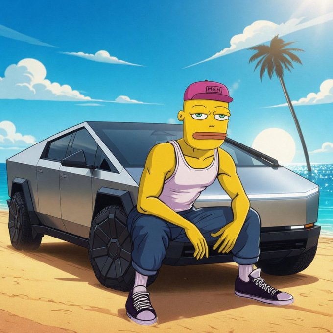 The image features a cartoon character sitting next to a silver car with a black roof parked on a beach. The character has a yellow hat, sunglasses, and a pink shirt. The background of the image shows palm trees and the ocean under a blue sky. There is also text in the image that reads "GM! Preparations are in full swing! Get ready, because the name $MEH is about to be etched into everyone's memory." This suggests that there might be an event or gathering related to the cartoon character or the car, possibly involving the character or the vehicle.