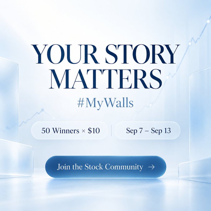 A promotional graphic for MEXC's "Your Story Matters" #MyWalls campaign invites community members to share their trading experiences for a chance to win, featuring details of 50 winners receiving $10 each (in USDT/XAUT/Futures Bonus) during the September 7-13 contest, with a "Join the Stock Community" call-to-action button set against a blue background with ascending chart lines.