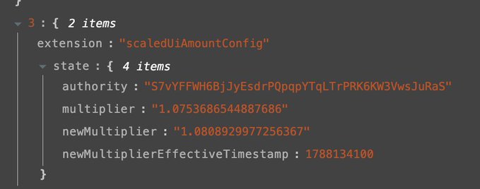 A code snippet displays a JSON object with 3 items, including an extension labeled "scaledUiAmountConfig" and a state object containing authority, multiplier ("1.0753686544887686"), newMultiplier ("1.0808929977256367"), and newMultiplierEffectiveTimestamp (1788134100).