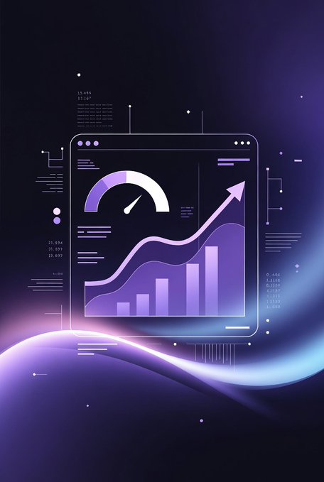 A purple-themed digital illustration featuring a window display with a speedometer gauge, a rising line graph, bar chart, and data points, set against a dark starry background with flowing light effects.