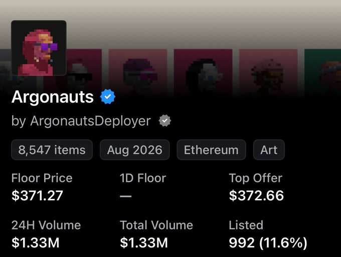 An NFT collection page for 'Argonauts' by ArgonautsDeployer on Ethereum, showing a floor price of $371.27 and 24H volume of $1.33M.