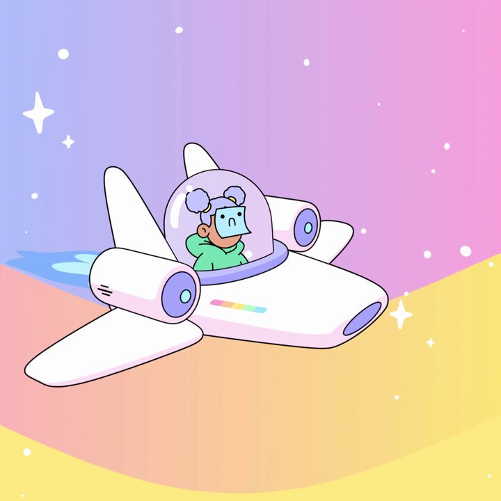 The image features a cartoon character, possibly an alien or a robot, riding inside a white airplane with blue accents. The airplane has two engines and is flying through space, surrounded by stars. The background of the image is a gradient of purple and yellow colors, creating a sense of depth and dimension. The post caption reads "space @doodles", which suggests that the image might be related to a creative project or an artistic representation of space travel.