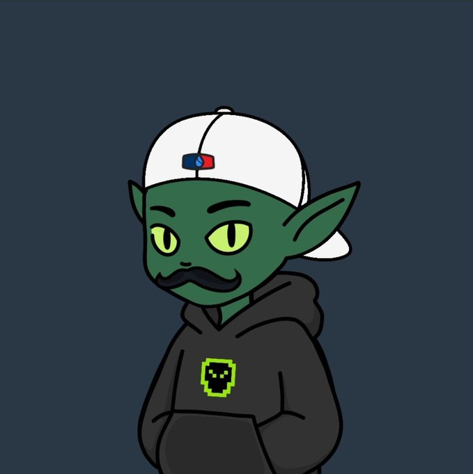 A cartoon illustration depicts a green-skinned elf-like character with pointed ears, a black mustache, wearing a white cap backwards and a black hoodie with a pixelated green logo.