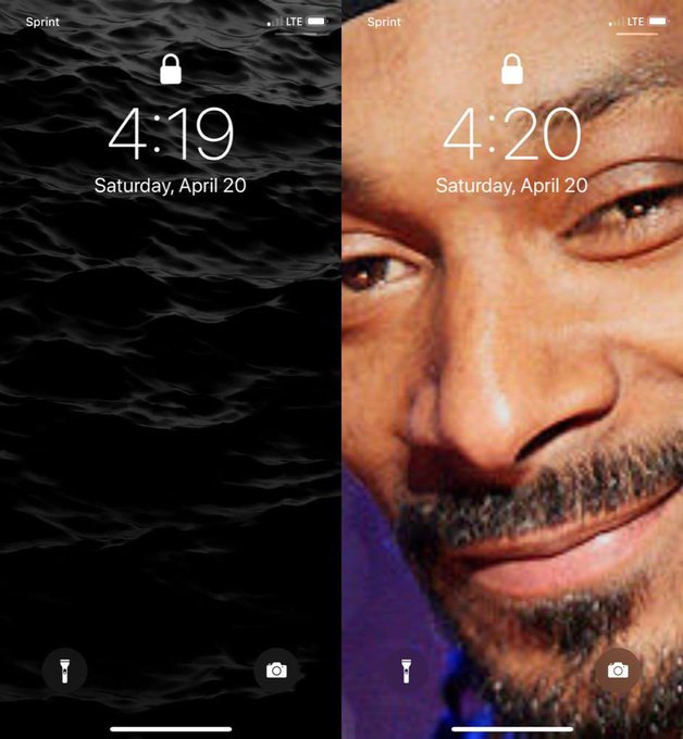 Two iPhone lock screens side by side, both showing 'Saturday, April 20' on Sprint LTE — one at 4:19 with a dark wave wallpaper and the other at 4:20 featuring a close-up of Snoop Dogg's face.