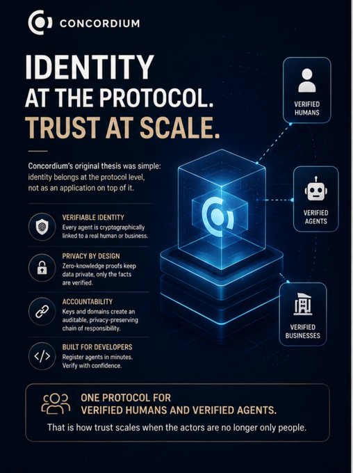 Concordium promotional graphic titled 'IDENTITY AT THE PROTOCOL. TRUST AT SCALE.' featuring a glowing blue cube and icons for Verified Humans, Verified Agents, and Verified Businesses with cryptography and privacy features.
