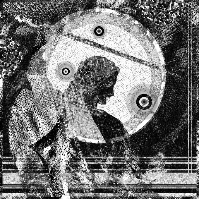 A monochrome, halftone-glitch collage shows a silhouetted figure beneath a large circular form with three target-like dots, matching the post’s “Unattainable Ideal” theme of longing for freedom that can never be fully attained. The caption references the 1/1 artwork priced at 100 tez from the “Glitchtober 2025” OBJKT collection.