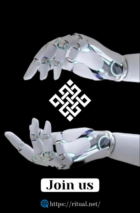 The image displays two white robotic hands with glowing teal joints positioned in a mirrored, almost cradling gesture around a geometric labyrinth-style logo on a black background, with the text "Join us" and the website "https://ritual.net/" below.

The robotic hands and interconnected geometric symbol visually reinforce Ritual's message of merging advanced AI technology with decentralized infrastructure, symbolizing the bridging of autonomous intelligence and blockchain through human-like robotic precision and intricate, trustless design.