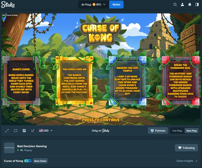 The image shows Stake.com's promotional page for the "Curse of Kong" slot game by Bad Decision Gaming, featuring the game's rules panels—including details about Kong's Curse barrows, bonus continuation through barrel spins, lost temple scatter mechanics, and seal breaker features—set against an adventurous jungle temple backdrop, matching the post's announcement of the game's launch and a $500 player tip giveaway.