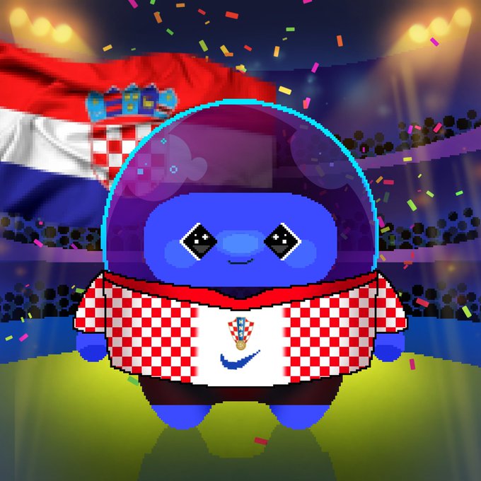 A cartoon mascot wearing a Croatian football jersey stands in a stadium with a Croatian flag and confetti in the background.