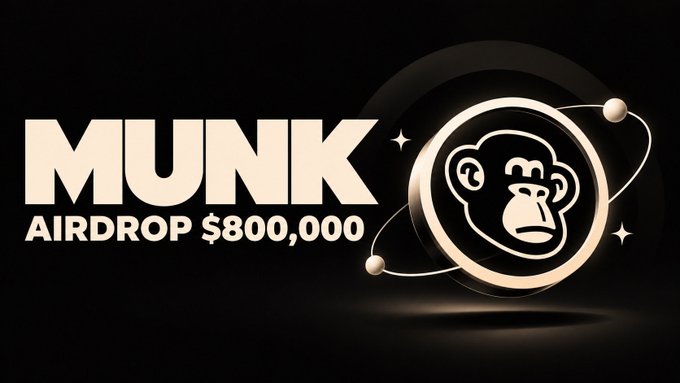 A promotional banner for a 'MUNK AIRDROP $800,000' featuring a metallic circular logo with a stylized monkey face, set against a dark background with decorative orbital elements.