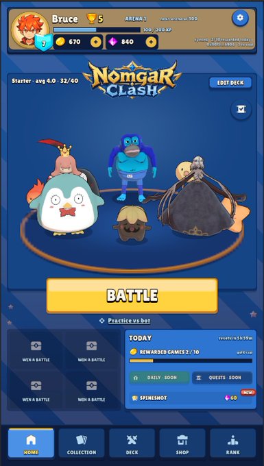 A mobile game screenshot showing the main menu of 'Nomgar Clash' with a player named 'Bruce' (level 5) displaying a team of cartoonish characters ready for battle.