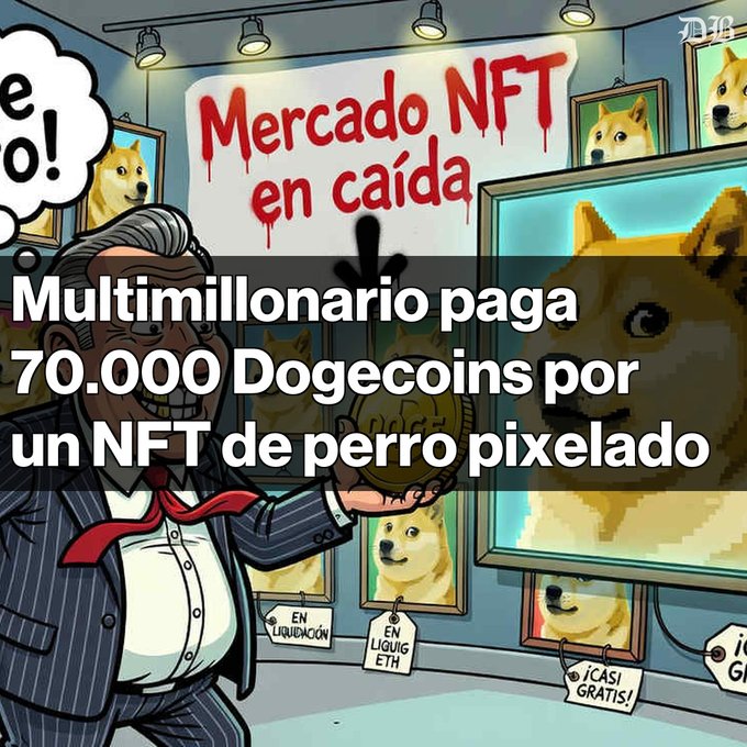A cartoon illustration of a wealthy man at an NFT market with signs in Spanish like 'Mercado NFT en caída' and 'EN LIQUIDACIÓN', overlaid with text reading 'Multimillonario paga 70.000 Dogecoins por un NFT de perro pixelado'.