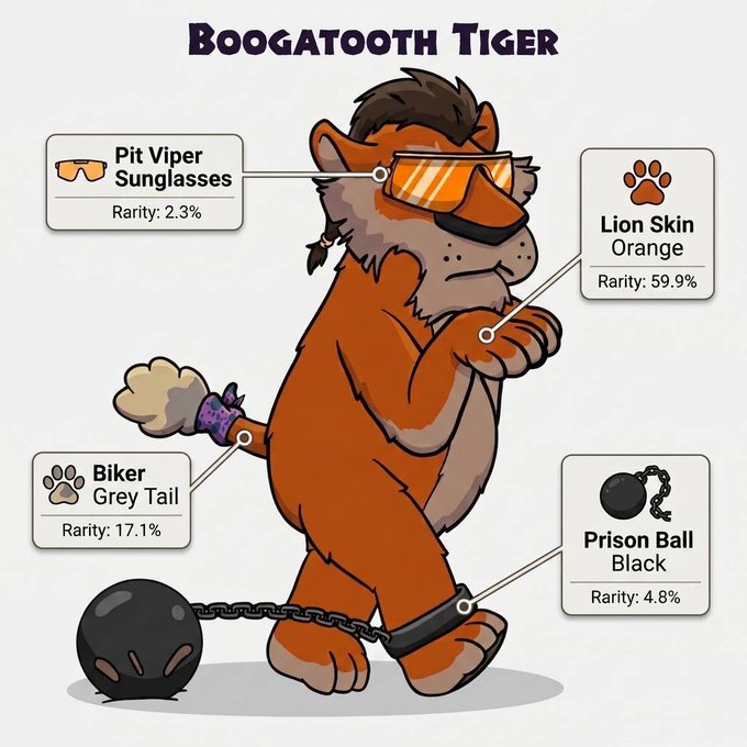 An infographic titled 'BOOGATOOTH TIGER' showing a cartoon tiger character with various traits labeled: 'Pit Viper Sunglasses (Rarity: 2.3%)', 'Lion Skin Orange (Rarity: 59.9%)', 'Biker Grey Tail (Rarity: 17.1%)', and 'Prison Ball Black (Rarity: 4.8%)'.