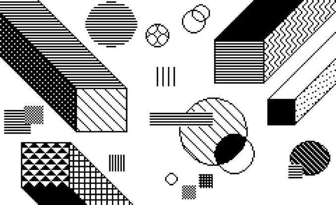 A black and white graphic design featuring various geometric shapes (circles, rectangles, squares) filled with different patterns such as stripes, grids, dots, and triangles in a Memphis-style aesthetic.
