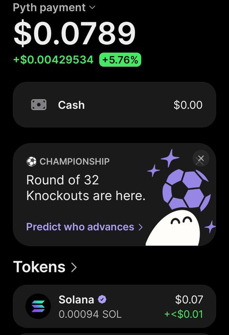 A mobile app screen showing a Pyth payment token priced at $0.0789 (+5.76%), featuring a Championship Round of 32 prediction banner and Solana token holdings.