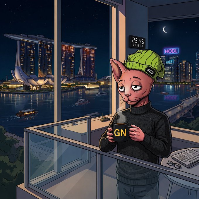 A digital illustration of a pink Sphynx cat wearing a green beanie marked "#69" and a black turtleneck, holding a mug labeled "GN" on a balcony overlooking the Singapore Marina Bay Sands skyline at night, with a "HODL" neon sign and a clock reading 23:45 SAT 15 AUG.
