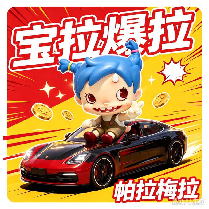 A colorful cartoon illustration of a blue-haired child riding a red and black sports car with Chinese text '宝拉爆拉' and '帕拉梅拉'.