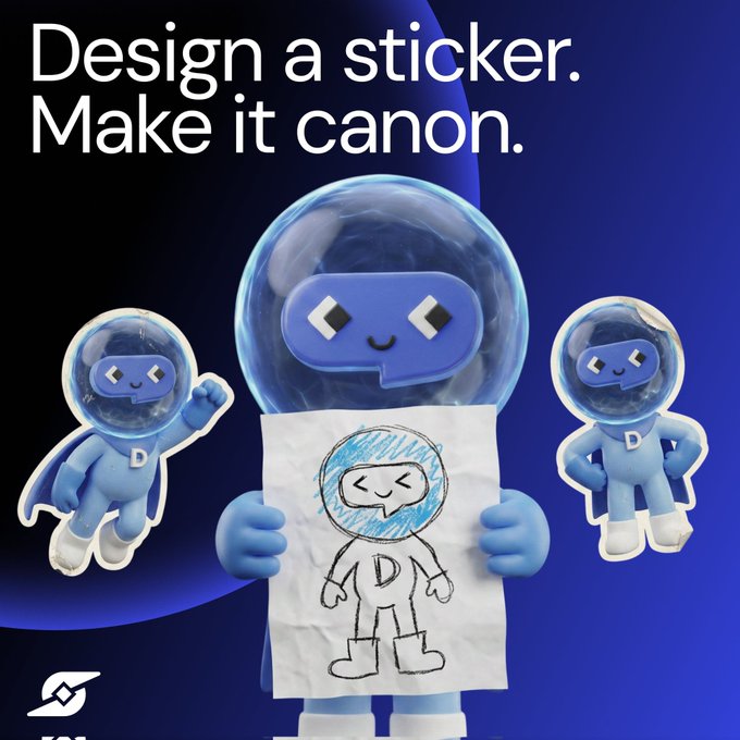 The image features a poster for a social media platform called Dlicom App. The poster showcases three cartoon characters dressed as superheroes with blue suits and goggles, holding up a piece of paper that has a drawing of a person's face on it. The text on the poster encourages users to "Design a sticker. Make it canon." This suggests that users should create their own stickers or artwork for the platform, which could be used in various ways such as sharing them with friends, posting them on social media, or even using them as rewards within the community.