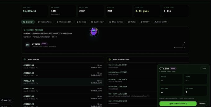 A Ronin blockchain explorer interface displays details for a CTV2IW contract, including ETH price, blocks, and transaction histories.