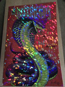 The image features a comic book cover, showing an illustrated snake with its eyes open and mouth wide open as if roaring. The title of the comic is displayed at the top. There are several other people present around the comic book and on the background, but they do not appear to be directly related to the main content of the image or the post discussing the comic.