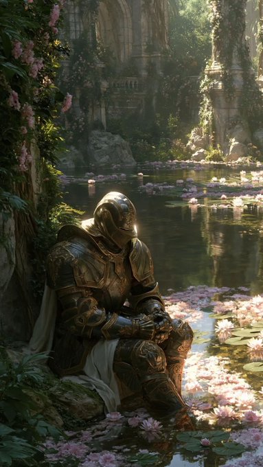 A knight in ornate golden armor sits pensively by a serene pond covered in pink water lilies, surrounded by lush greenery and ancient stone architecture.